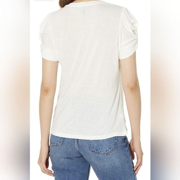 BCBGMAXAZRIA Linen-Blend Twisted Puff Sleeve White Tee - Picture 4 of 10